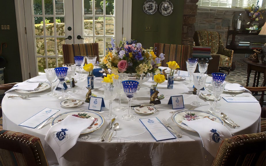 Easter morning table setting with vintage porcelain and fresh garden flowers
